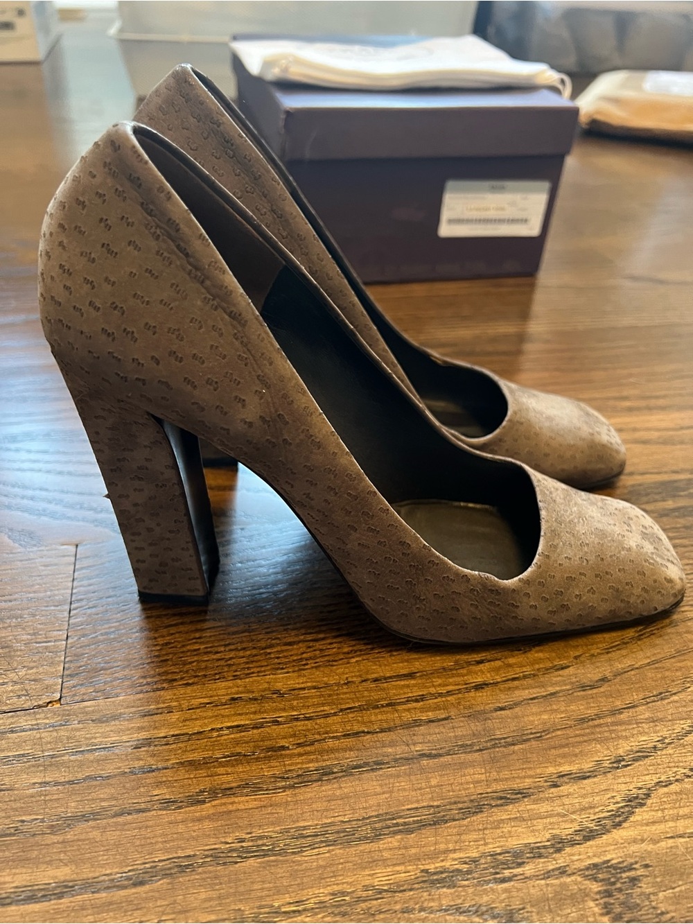 Prada Taupe Ostrich Block Heel Pumps